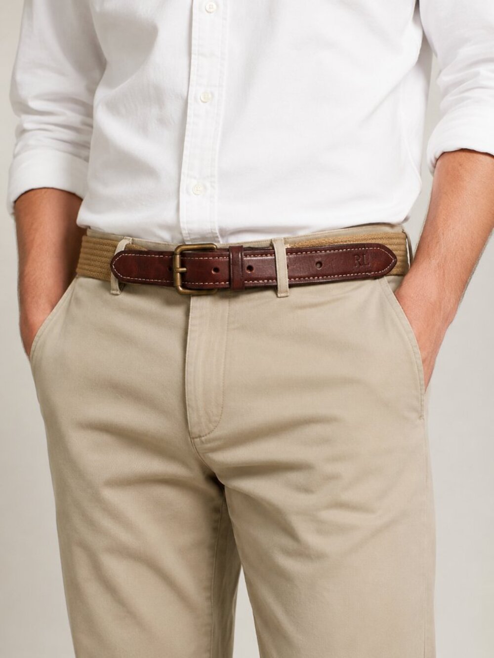 Polo Ralph Lauren Mens Vintage Brown Leather Tan Stretch Belt Size 34/85 RL Logo